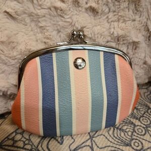 Coach Striped Leather Kiss-Lock Coin Purse in Pastel Stripe